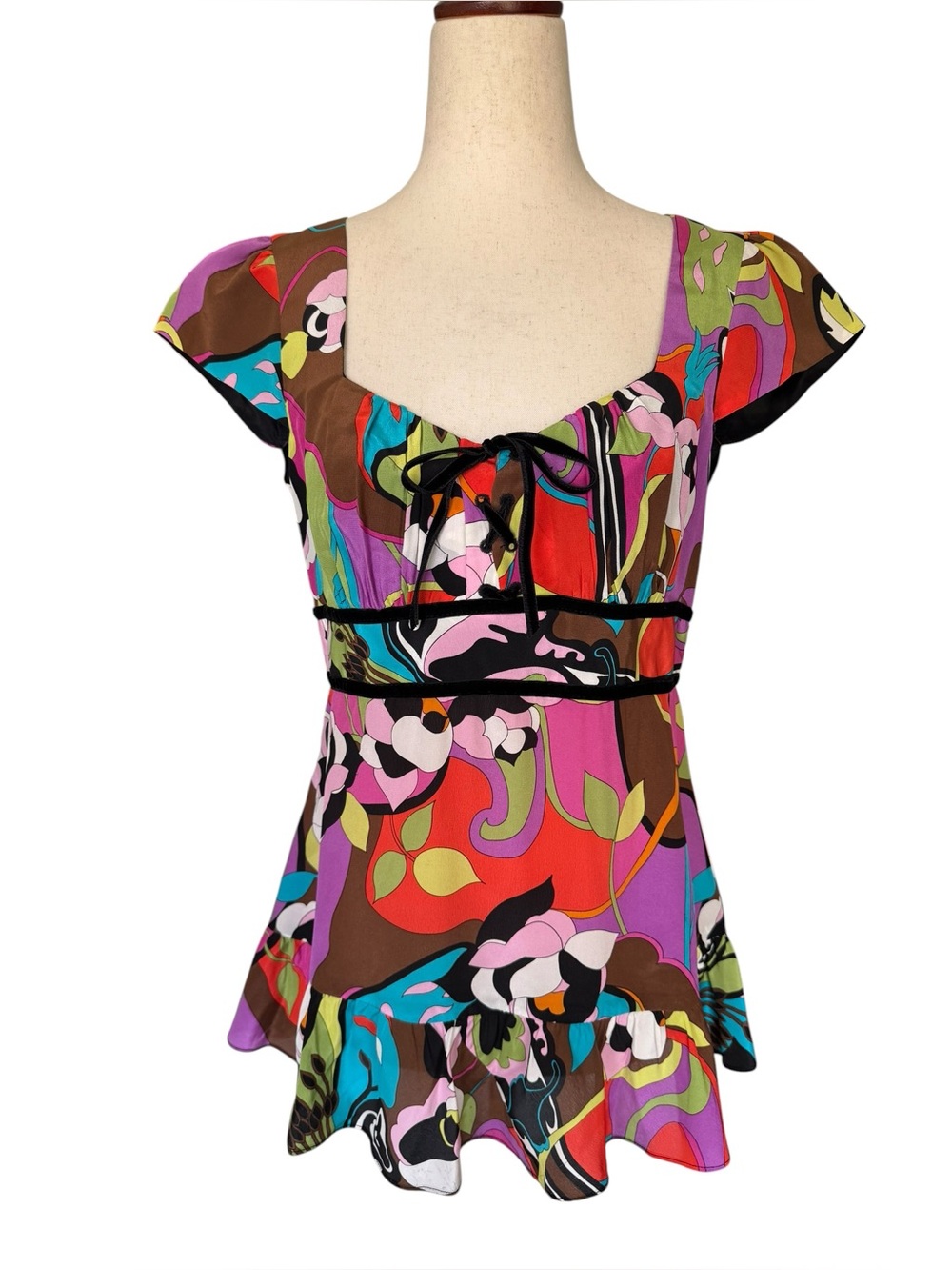 Nanette Lepore Multicolor Silk Pucci Milkmaid Style Floral Top Blouse Y2K sz 6